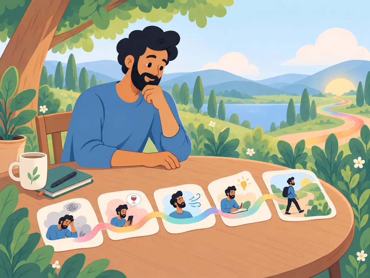 A person reflecting by a lakeside, tracing a journey from stress to calm.