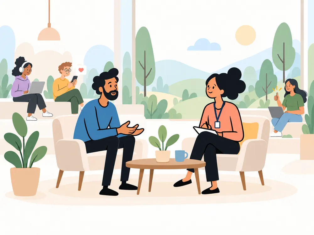 A counsellor and a client in a calm, friendly conversation.